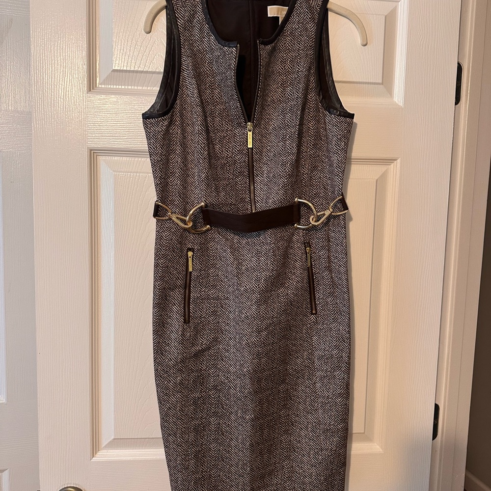 Michael Kors Buckle Trim Herringbone Sleeveless Sheath Dress, Size 8